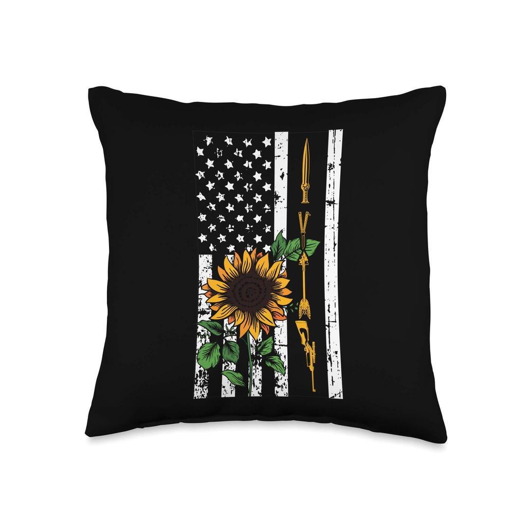 3499 Hunting Gun Bow American Flag Sunflower Cool Hunter Gifts Throw Pillow